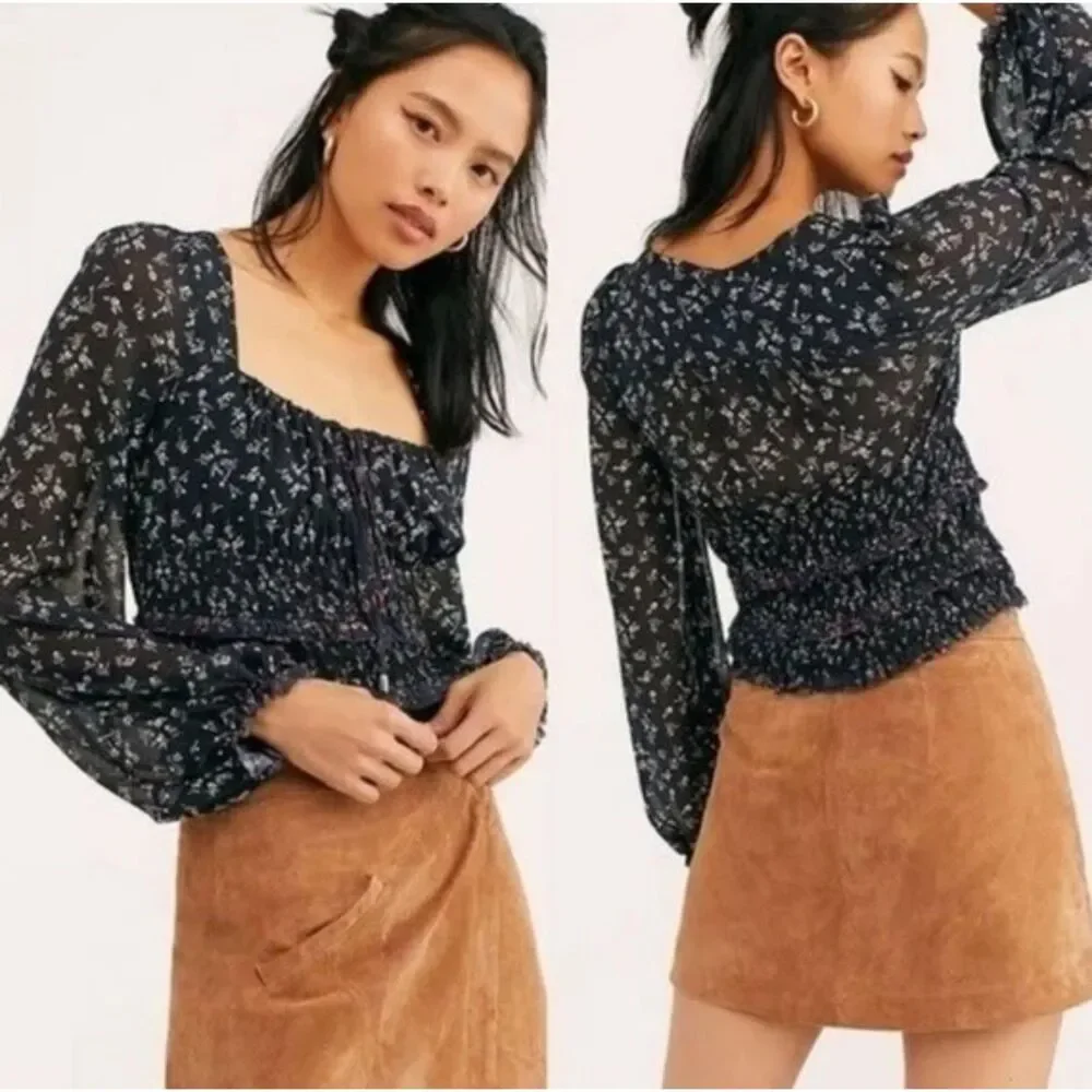 EUC Free People Lolita Floral Peasant Top Black Long Sleeve Boho Blouse Sz Small